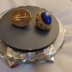 Vintage Gold and Blue Button Clip-On Earrings. Vintage Napier 1970's Faux-lapis.